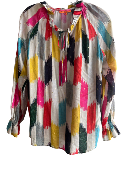 Vilagallo Size 40 Beige & Multi Viscose V Neck Long Sleeve Drawstring Neck Top Beige & Multi / 40