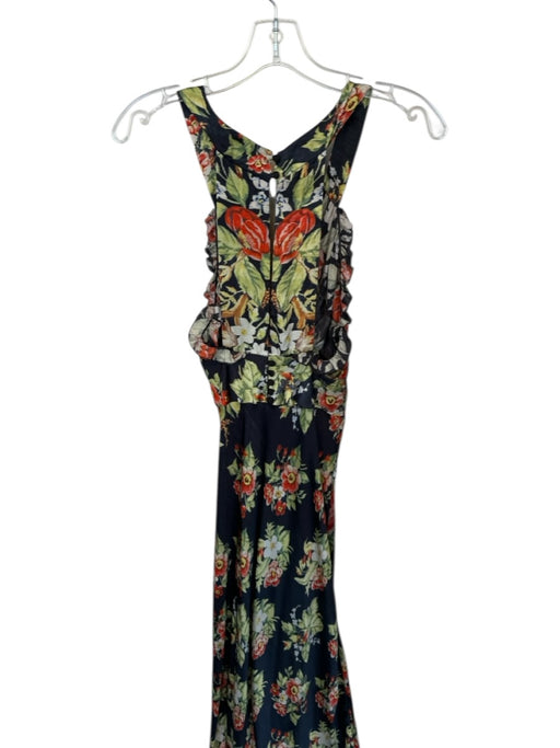 Paco Rabanne Size Est S Black & Orange Sleeveless Botanical V Neck slit Dress Black & Orange / Est S