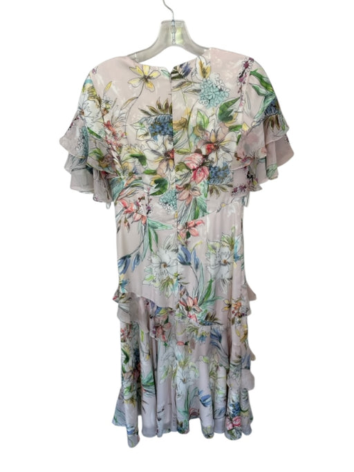 Theia Size 8 Blush & Multi Polyester Short Sleeve Botanical V Neck Ruffles Gown Blush & Multi / 8