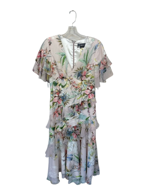 Theia Size 8 Blush & Multi Polyester Short Sleeve Botanical V Neck Ruffles Gown Blush & Multi / 8