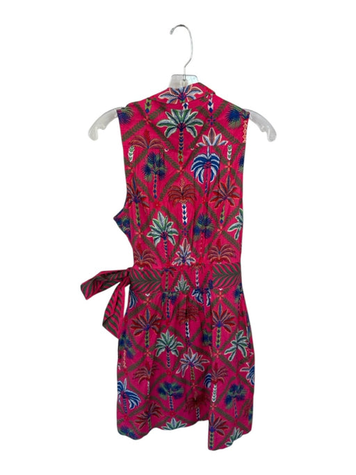 Printfresh Size XS Pink & Green Cotton Sleeveless Tropical Wrap Collar Dress Pink & Green / XS