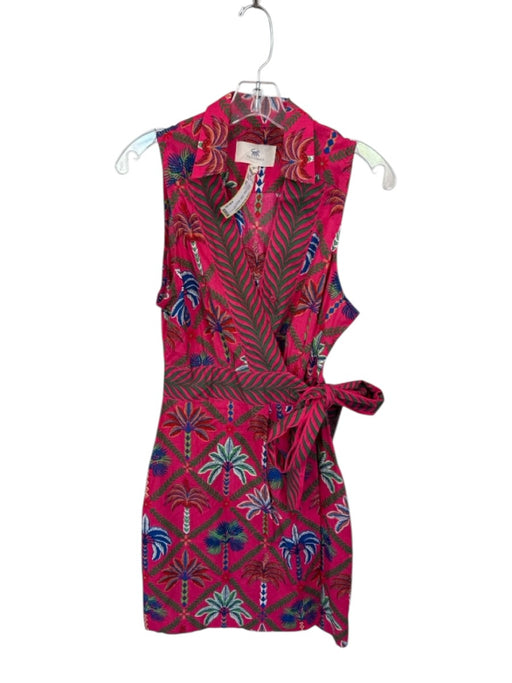 Printfresh Size XS Pink & Green Cotton Sleeveless Tropical Wrap Collar Dress Pink & Green / XS