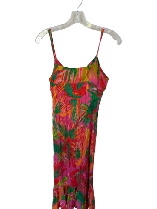 Farm Rio Size S Pink & Green Rayon Spaghetti Strap smocked Palm Leaves Dress Pink & Green / S
