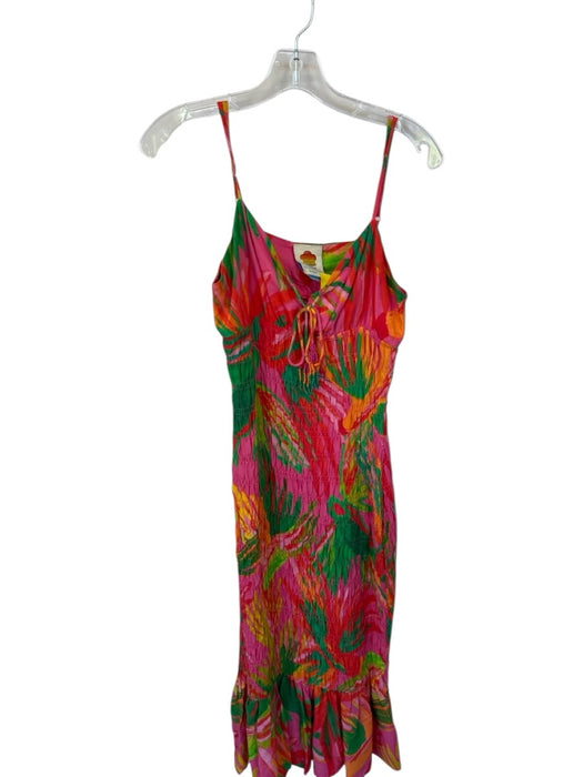 Farm Rio Size S Pink & Green Rayon Spaghetti Strap smocked Palm Leaves Dress Pink & Green / S