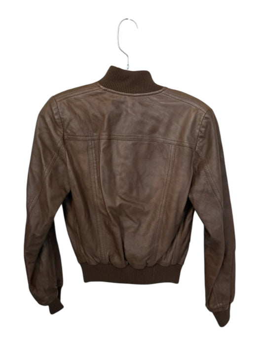 Size 44 Brown Leather Button Down Elastic Waist Bomber Cropped Jacket Brown / 44
