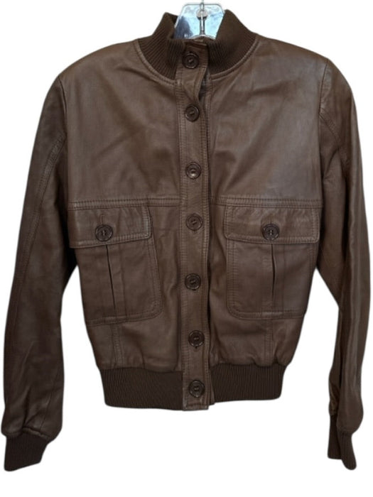 Size 44 Brown Leather Button Down Elastic Waist Bomber Cropped Jacket Brown / 44