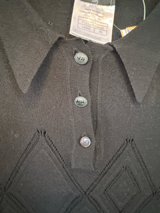 Chanel Size 38 Black Viscose Blend Long Sleeve Perforated Collar Diamond Sweater Black / 38