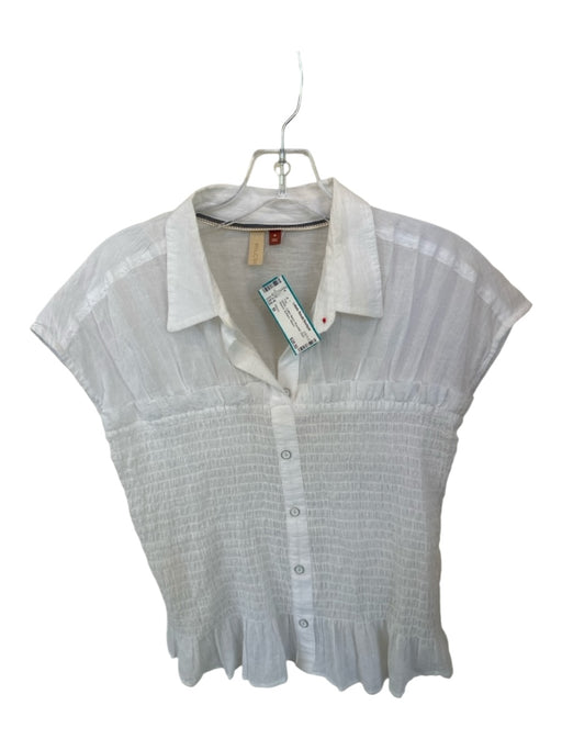 Pilcro Size M White Cotton Blend Rouched Short Sleeve Buttons Top White / M