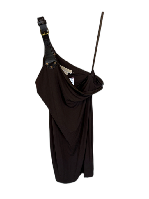 Michael Kors Size 6 Brown Rayon One Shoulder Leather Accents Buckle Dress Brown / 6