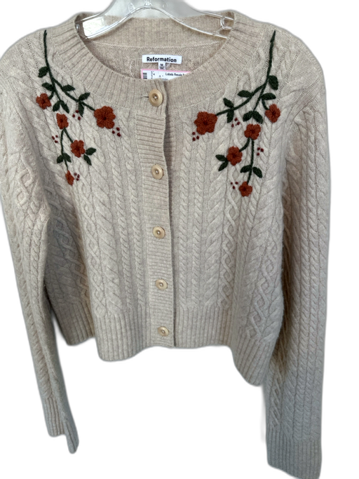 Reformation Size M Tan & Green Wool Cable Knit embroider neck Flowers Sweater Tan & Green / M