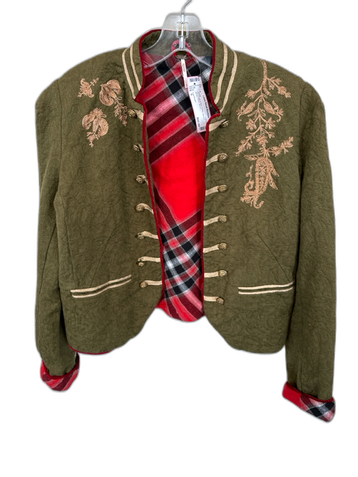 Free People Size S Olive Green & Red Cotton jaquard Military GHW Jacket Olive Green & Red / S
