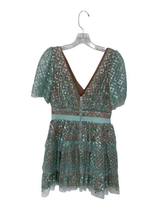 Self-Portrait Size 4 Torquoise Polyester Blend Sequin Ruffle V Neck Gown Torquoise / 4
