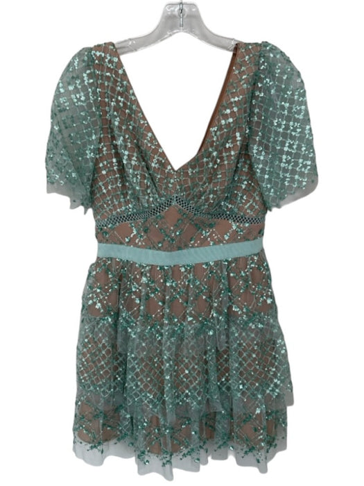 Self-Portrait Size 4 Torquoise Polyester Blend Sequin Ruffle V Neck Gown Torquoise / 4