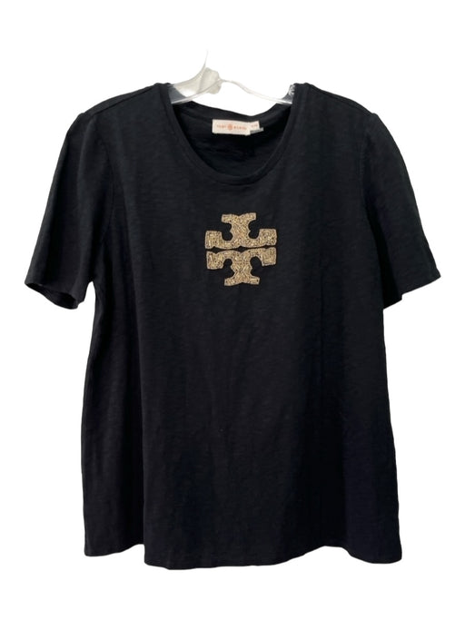 Tory Burch Size XL Black & Gold Cotton Crew Neck Beaded Logo Short Sleeve Top Black & Gold / XL
