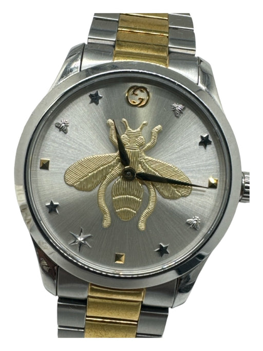 Gucci Silver & Gold Stainless steel Silver Face Bee Chain Link Analog Watches Silver & Gold