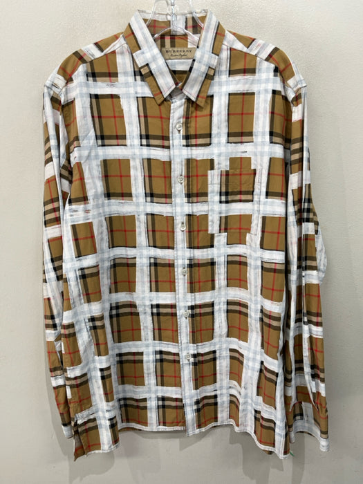 Burberry Size XL Tan & White Cotton Novacheck Button Up Men's Long Sleeve Shirt