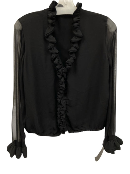 Elie Tahari Size M Black Silk Long Sheer Sleeves Ruffle Detail V Neck Top Black / M