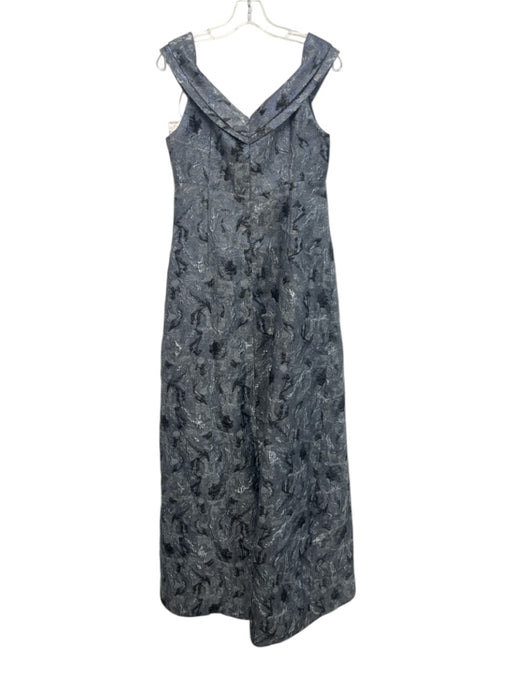 Teri Jon Size 8 Slate Navy Blue Polyester Blend Metallic Floral Jacquard Gown Slate Navy Blue / 8
