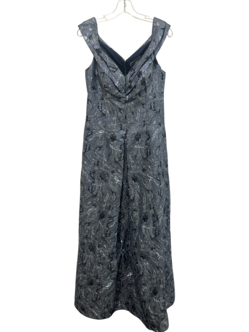 Teri Jon Size 8 Slate Navy Blue Polyester Blend Metallic Floral Jacquard Gown Slate Navy Blue / 8