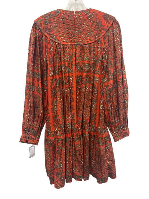 Ulla Johnson Size 8 Orange & Green Cotton Quilted Yoke Long Puff Sleeve Dress Orange & Green / 8