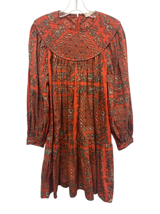Ulla Johnson Size 8 Orange & Green Cotton Quilted Yoke Long Puff Sleeve Dress Orange & Green / 8