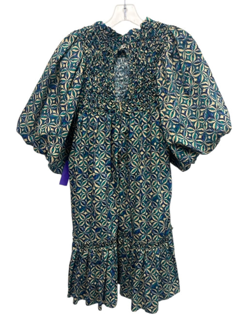 Tyler Boe Size L Teal, Blue, & Beige Cotton Smocked Upper Half Puff Sleeve Dress Teal, Blue, & Beige / L