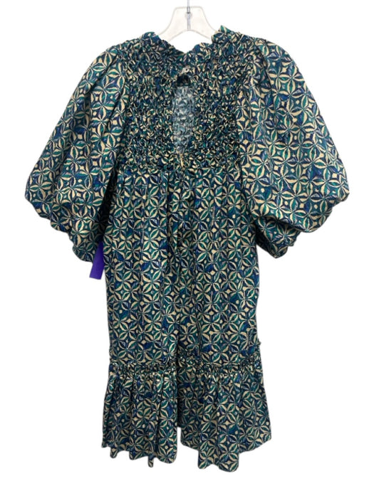 Tyler Boe Size L Teal, Blue, & Beige Cotton Smocked Upper Half Puff Sleeve Dress Teal, Blue, & Beige / L