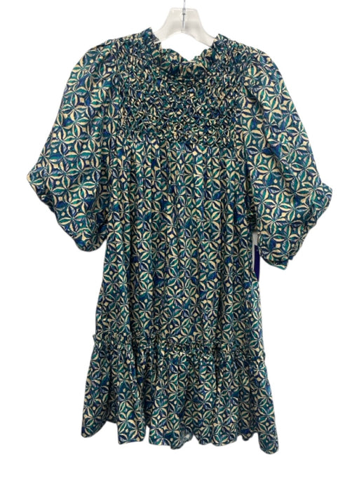 Tyler Boe Size L Teal, Blue, & Beige Cotton Smocked Upper Half Puff Sleeve Dress Teal, Blue, & Beige / L