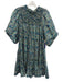 Tyler Boe Size L Teal, Blue, & Beige Cotton Smocked Upper Half Puff Sleeve Dress Teal, Blue, & Beige / L
