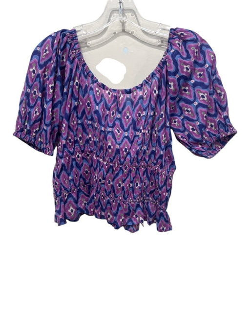 Banjanan Size L Purple, Blue, Multi Cotton Abstract Print Short Puff Sleeve Top Purple, Blue, Multi / L