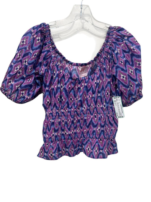 Banjanan Size L Purple, Blue, Multi Cotton Abstract Print Short Puff Sleeve Top Purple, Blue, Multi / L