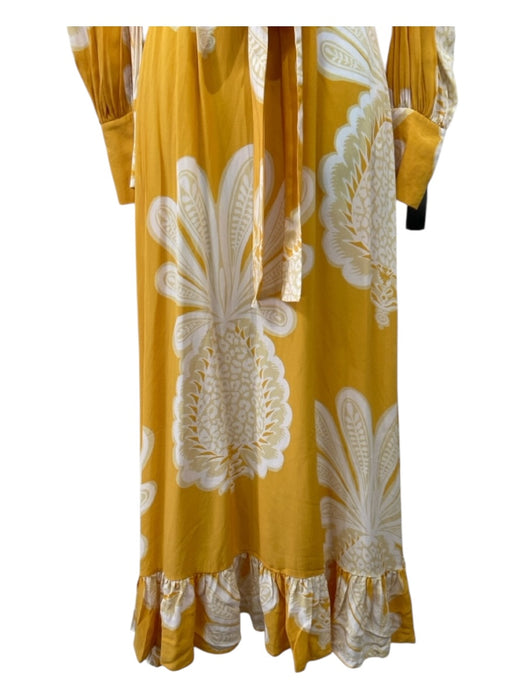 La Double J Size Small Yellow & White Silk Half Button Floral Ruffle Hem Dress Yellow & White / Small