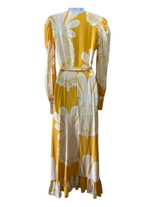 La Double J Size Small Yellow & White Silk Half Button Floral Ruffle Hem Dress Yellow & White / Small