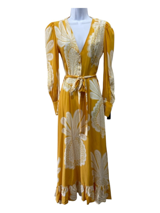 La Double J Size Small Yellow & White Silk Half Button Floral Ruffle Hem Dress Yellow & White / Small