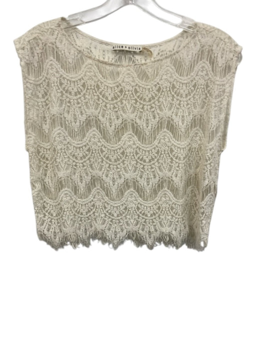 Alice & Olivia Size S White Polyester Sleeveless Knit Lace Detail Raw Hem Top White / S