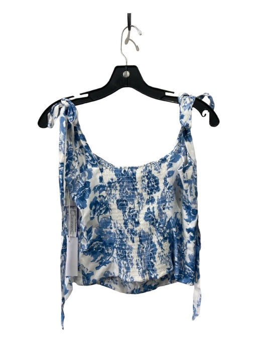 Reformation Size 8 Blue & White Viscose Blend Sleeveless Floral Tie Sleeve Top Blue & White / 8
