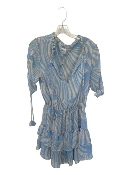 Misa Size S White & Pale Blue Polyester Elastic Waist Tiered Striped Dress White & Pale Blue / S