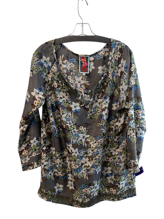 Johnny Was Size Small Grey & Multi Silk floral print Tie Detail Embroidered Top Grey & Multi / Small