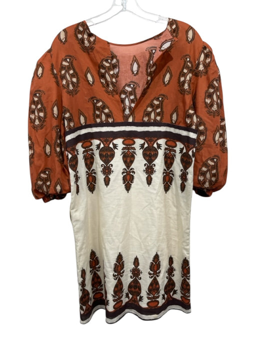 Johanne Ortiz Size 6 Orange & Brown Cotton Paisley 1/2 Puff Sleeve Mini Dress Orange & Brown / 6