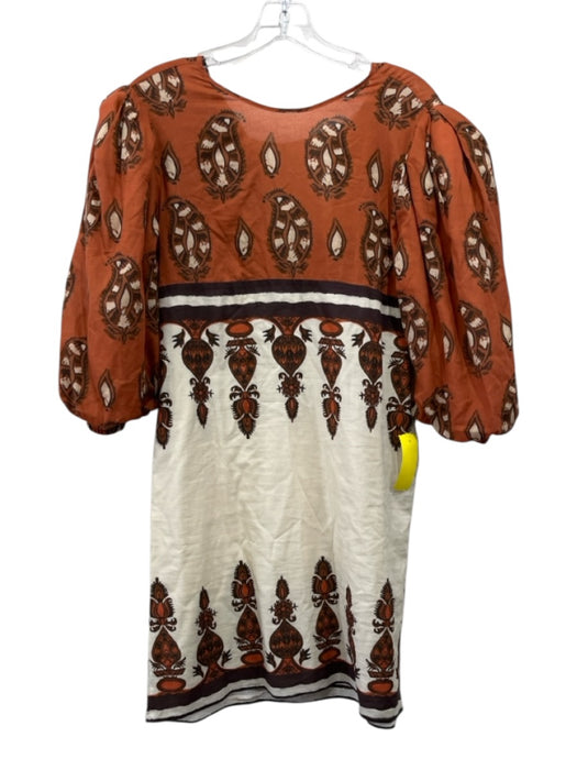 Johanne Ortiz Size 6 Orange & Brown Cotton Paisley 1/2 Puff Sleeve Mini Dress Orange & Brown / 6