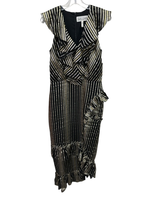 Saloni Size 8 Black & Gold Silk Blend Metallic Thread Striped Sleeveless Dress Black & Gold / 8