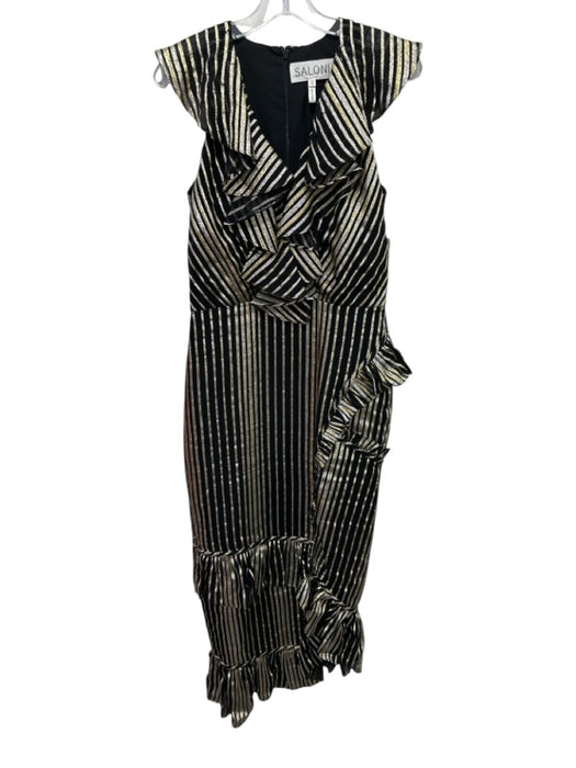 Saloni Size 8 Black & Gold Silk Blend Metallic Thread Striped Sleeveless Dress Black & Gold / 8