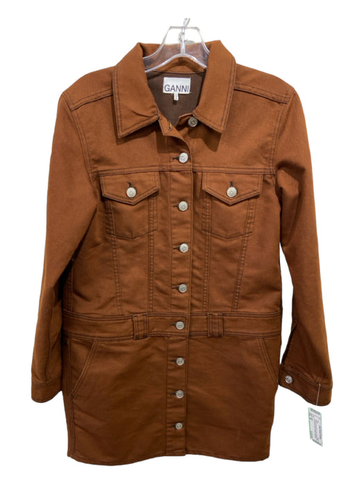 Ganni Size 38 Brown Cotton Blend Collar Button Front Long Sleeve Mini Dress Brown / 38