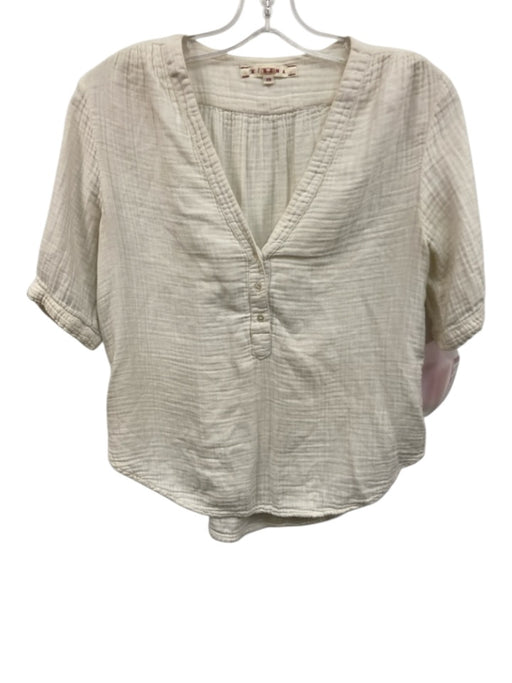 XiRENA Size XS White Cotton V Neck Short Sleeve Gauze 1/4 Button Top White / XS
