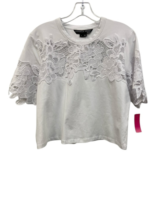 Veronica Beard Size M White Cotton Blend Lace Detail Crew Neck Short Sleeve Top White / M