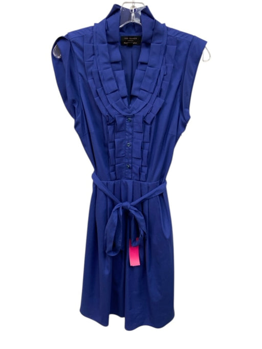 Ted Baker Size 1 Blue Polyester Sleeveless V Neck Mini Tie Belt Dress Blue / 1