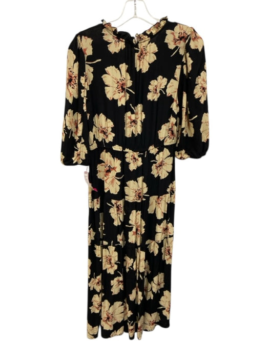 Ba&sh Size 1 Black & Multi Viscose V Neck Floral Elastic Waist 3/4 Sleeve Dress Black & Multi / 1