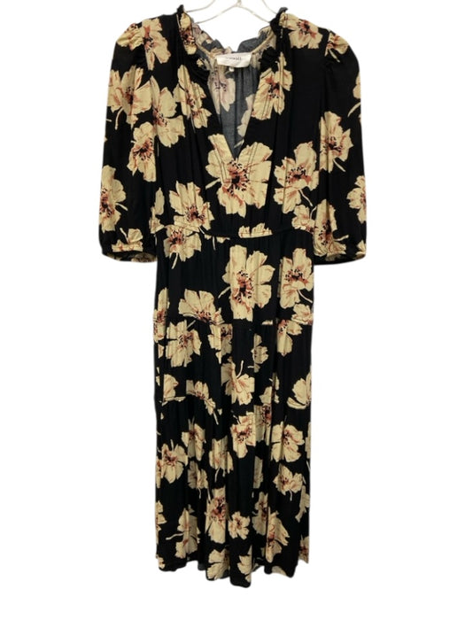 Ba&sh Size 1 Black & Multi Viscose V Neck Floral Elastic Waist 3/4 Sleeve Dress Black & Multi / 1