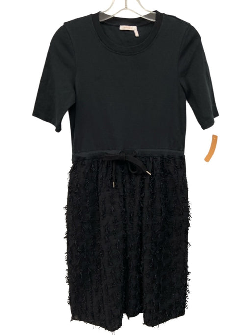 SeeByChloe Size S Black Cotton Drawstring Waist Mixed Fabric Short Sleeve Dress Black / S