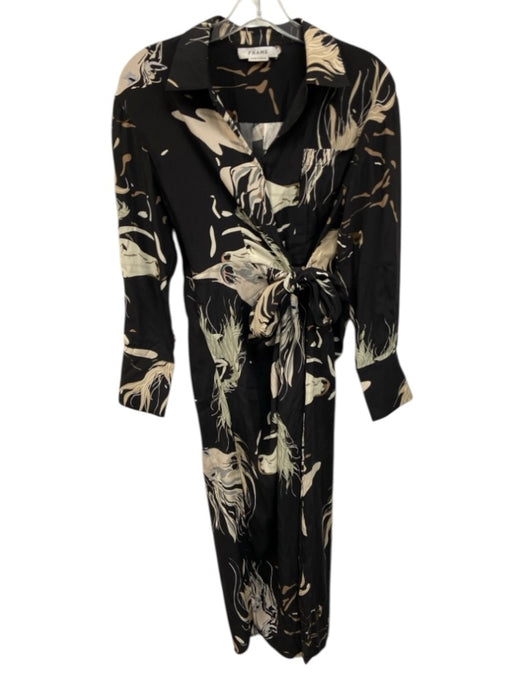 Frame Size S Black Multi Mulberry Silk Blend Printed Wrap V Neck Dress Black Multi / S